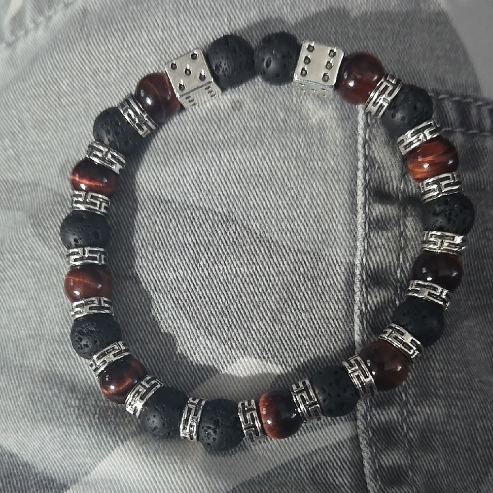 Red Tiger Eye & Black Lava Stone 8mm With Stailess Spacers , Dice.